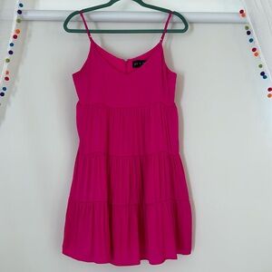 Hot pink spaghetti strap mini dress.